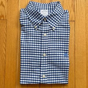 Brooks Brothers Mens Long Sleeve Oxford Non-Iron Regent Large Blue White Checks